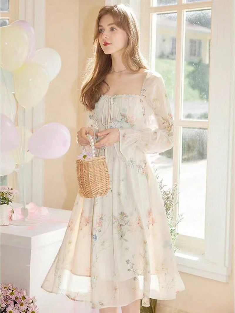 Vestido de gola quadrada com estampa floral, bainha com babados elegantes, vestidos franceses de manga longa Bellizzi 