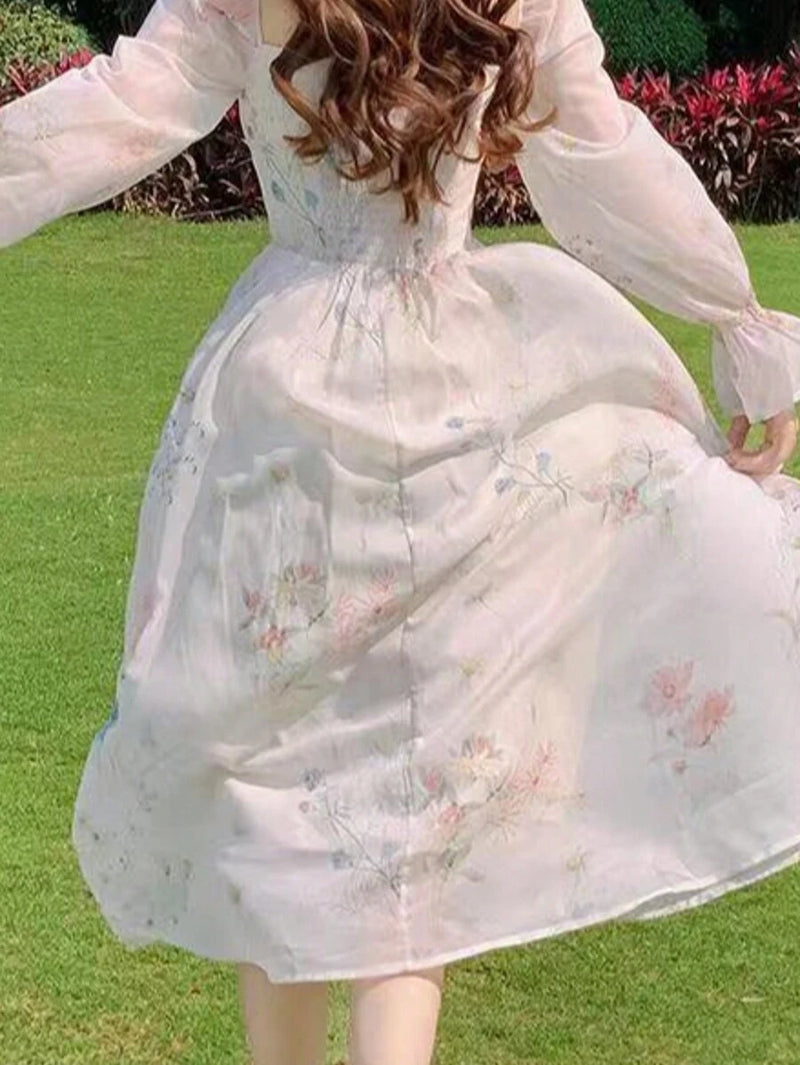 Vestido de gola quadrada com estampa floral, bainha com babados elegantes, vestidos franceses de manga longa Bellizzi 