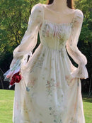 Vestido de gola quadrada com estampa floral, bainha com babados elegantes, vestidos franceses de manga longa Bellizzi 