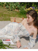 Vestido de gola quadrada com estampa floral, bainha com babados elegantes, vestidos franceses de manga longa Bellizzi 