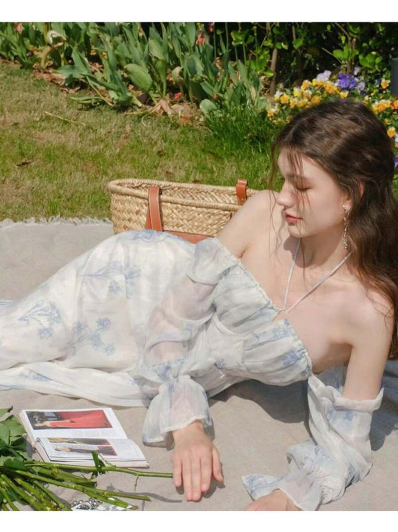 Vestido de gola quadrada com estampa floral, bainha com babados elegantes, vestidos franceses de manga longa Bellizzi 