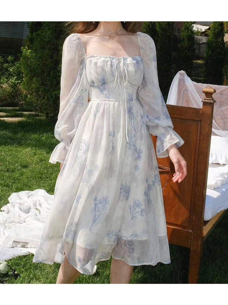 Vestido de gola quadrada com estampa floral, bainha com babados elegantes, vestidos franceses de manga longa Bellizzi 