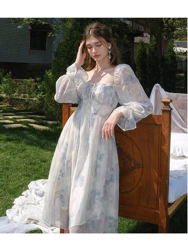 Vestido de gola quadrada com estampa floral, bainha com babados elegantes, vestidos franceses de manga longa Bellizzi 