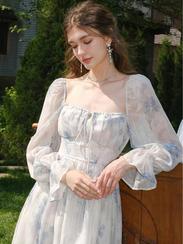 Vestido de gola quadrada com estampa floral, bainha com babados elegantes, vestidos franceses de manga longa Bellizzi 