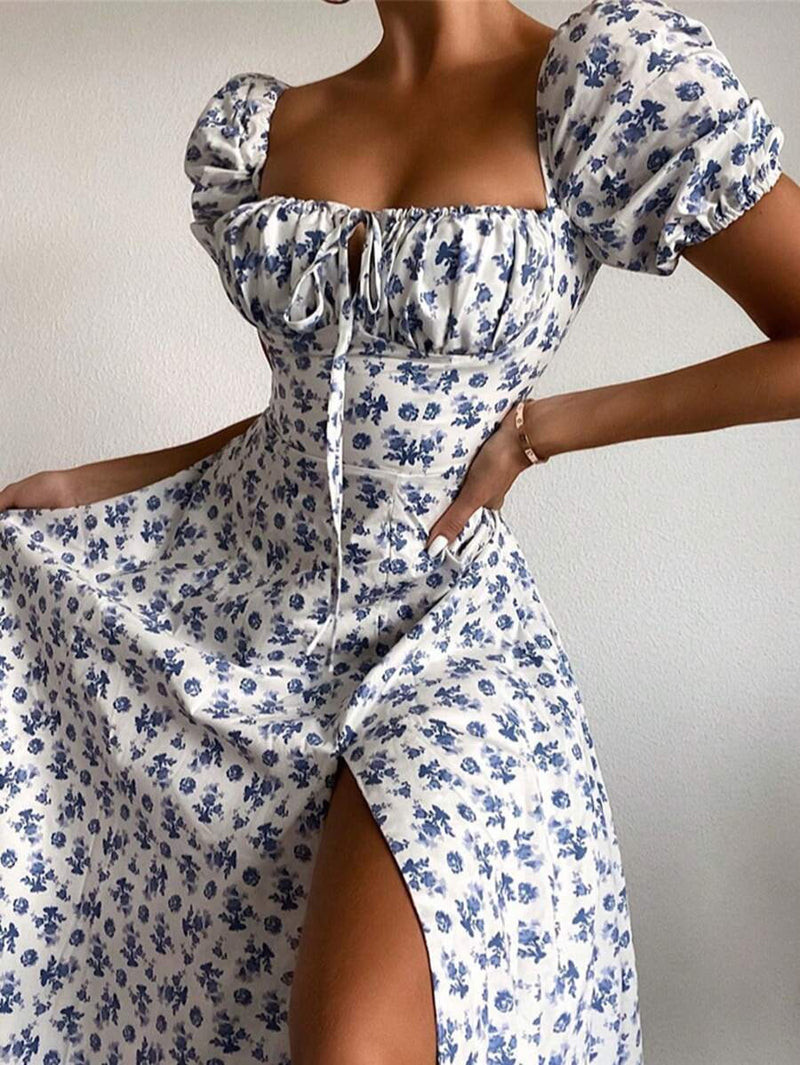 Vestido estampado floral feminino com decote quadrado Vestidos franceses com bainha dividida Elegante e sexy Bellizzi 