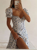 Vestido estampado floral feminino com decote quadrado Vestidos franceses com bainha dividida Elegante e sexy Bellizzi 