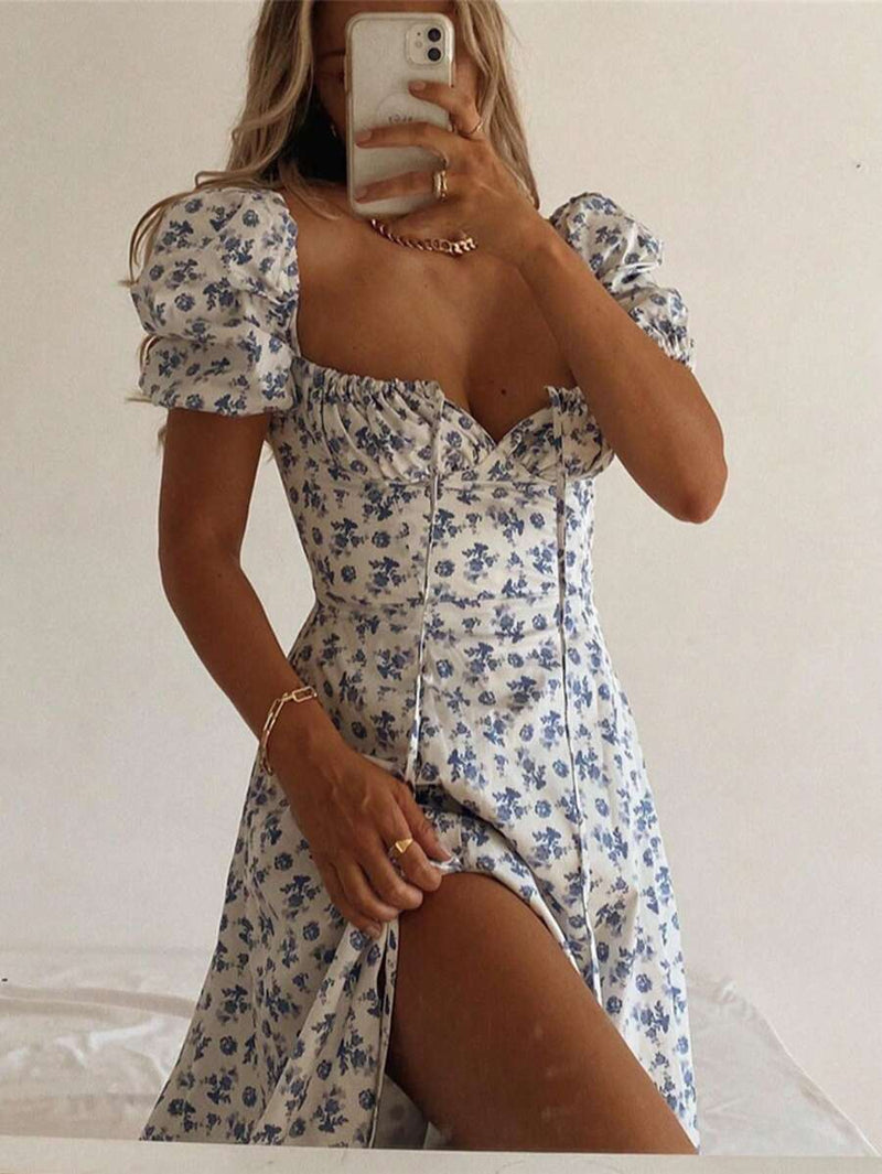 Vestido estampado floral feminino com decote quadrado Vestidos franceses com bainha dividida Elegante e sexy Bellizzi 