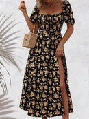 Vestido estampado floral feminino com decote quadrado Vestidos franceses com bainha dividida Elegante e sexy Bellizzi 