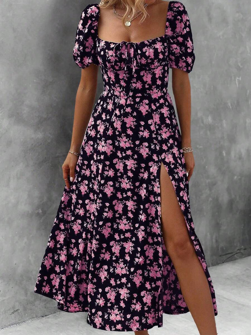 Vestido estampado floral feminino com decote quadrado Vestidos franceses com bainha dividida Elegante e sexy Bellizzi 