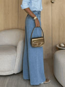 Calça Wide Leg Pantalona Feminina Jeans Lisa Cintura Alta Casual Bellizzi 