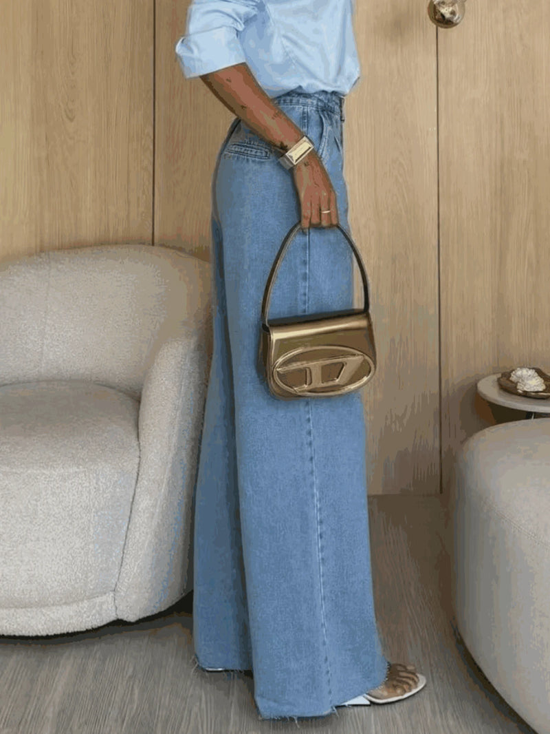 Calça Wide Leg Pantalona Feminina Jeans Lisa Cintura Alta Casual Bellizzi 