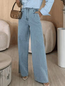 Calça Wide Leg Pantalona Feminina Jeans Lisa Cintura Alta Casual Bellizzi 