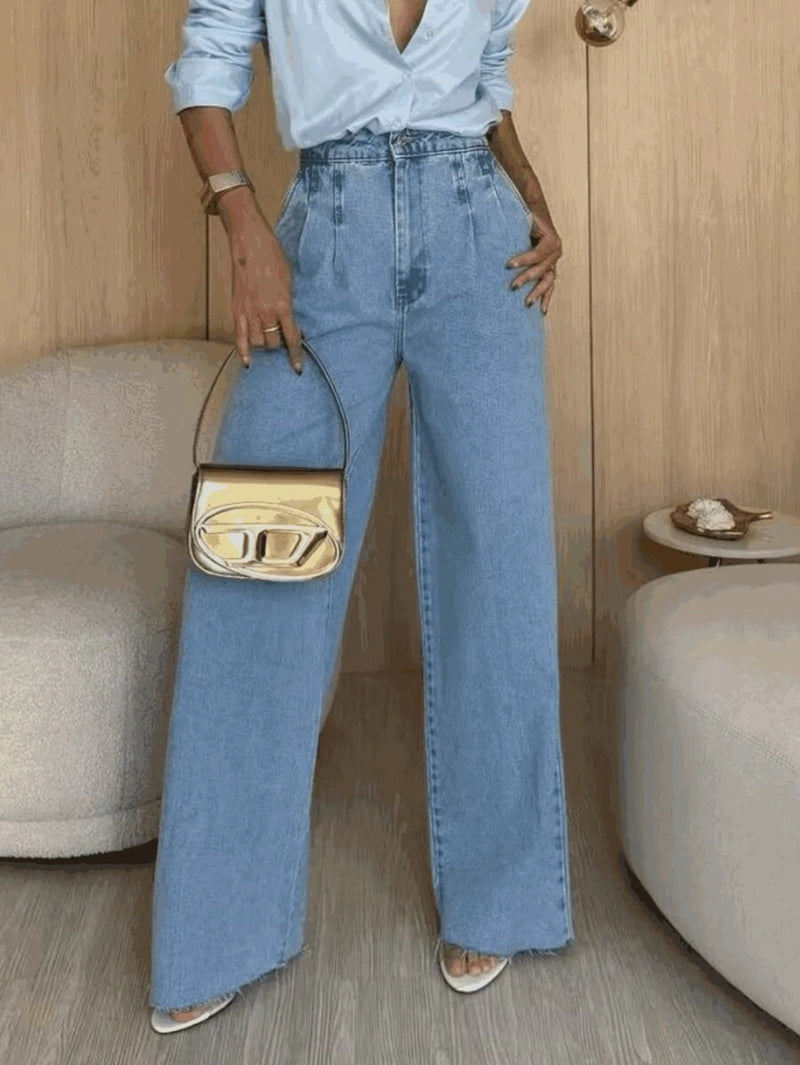 Calça Wide Leg Pantalona Feminina Jeans Lisa Cintura Alta Casual Bellizzi 