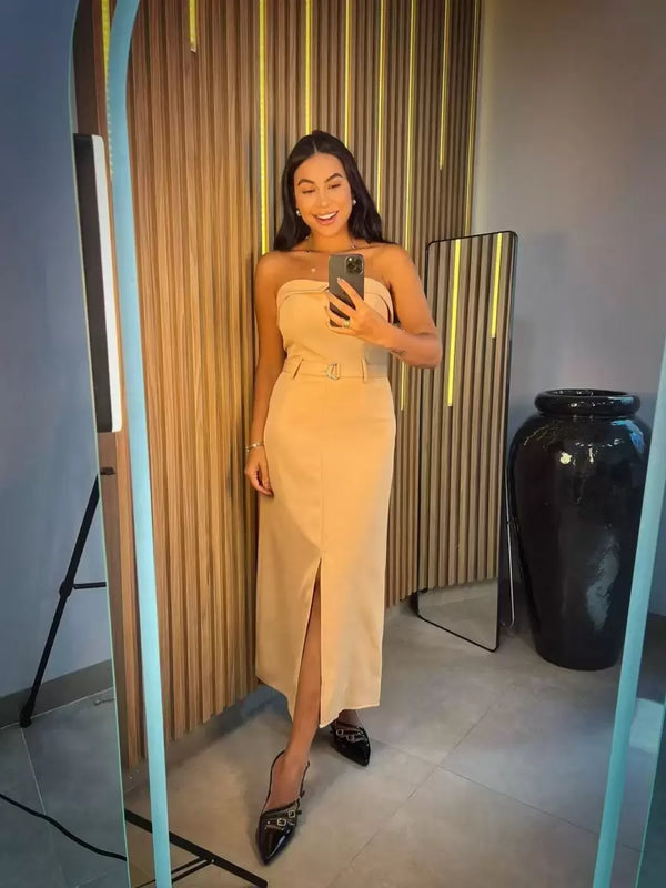 Vestido Feminino Longo Tomara que Caia Alfaiataria com Cinto Bellizzi 