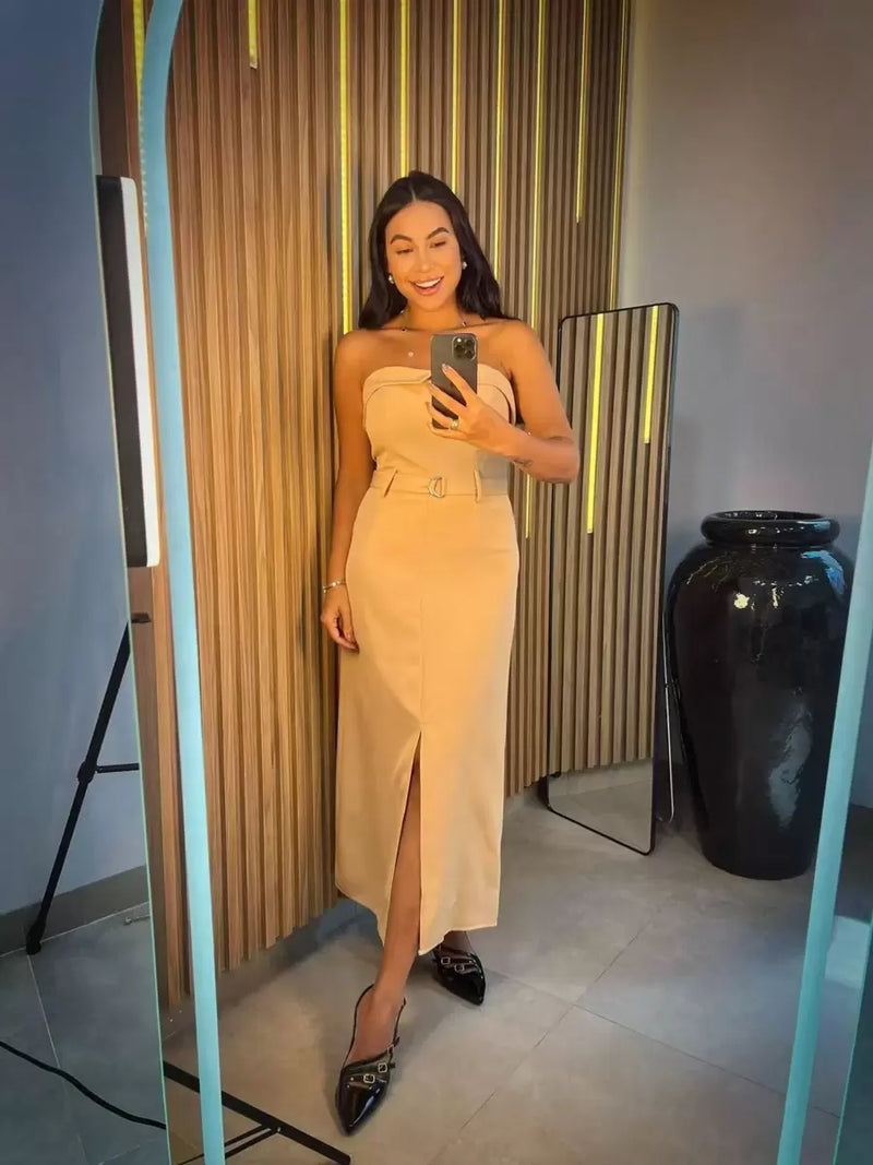 Vestido Feminino Longo Tomara que Caia Alfaiataria com Cinto Bellizzi 