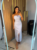 Vestido Feminino Longo Tomara que Caia Alfaiataria com Cinto Bellizzi 