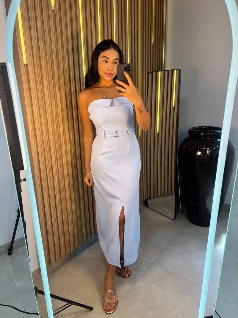 Vestido Feminino Longo Tomara que Caia Alfaiataria com Cinto Bellizzi 