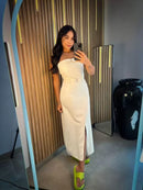 Vestido Feminino Longo Tomara que Caia Alfaiataria com Cinto Bellizzi 