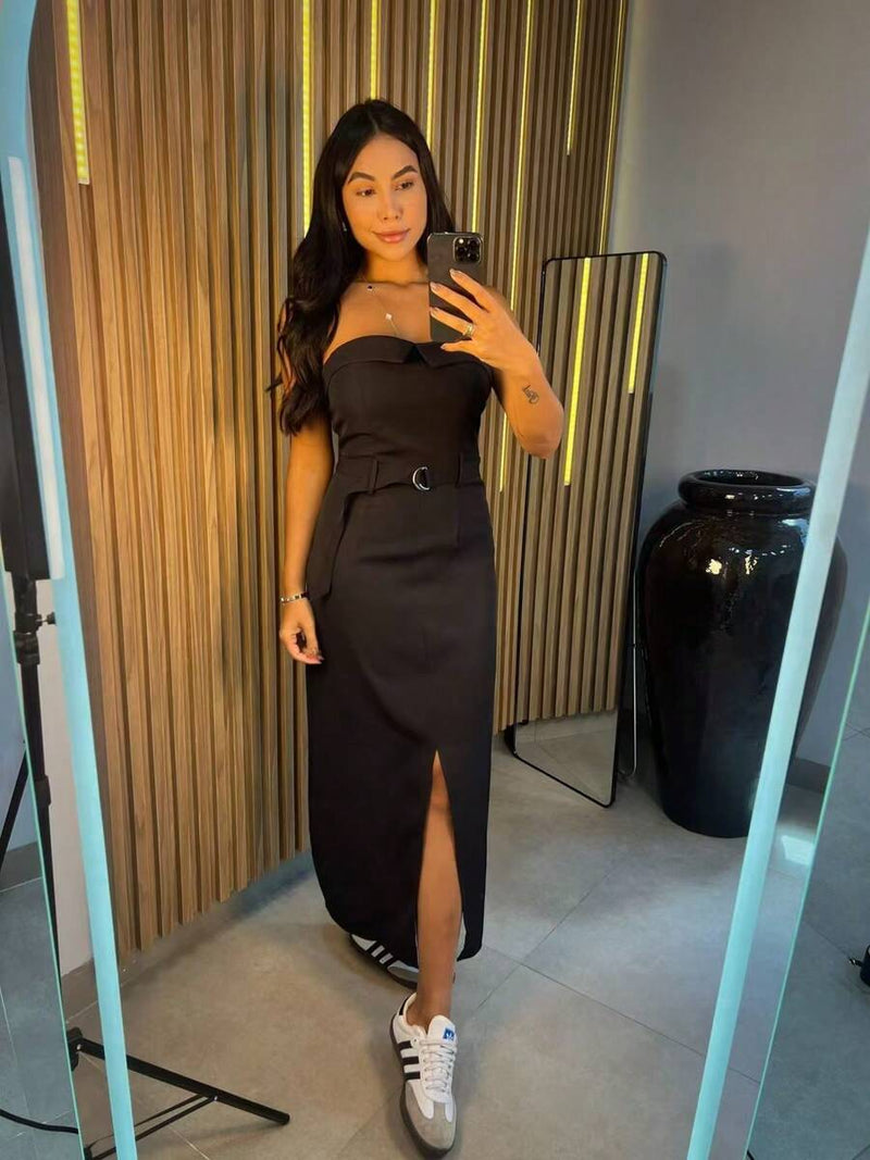 Vestido Feminino Longo Tomara que Caia Alfaiataria com Cinto Bellizzi 