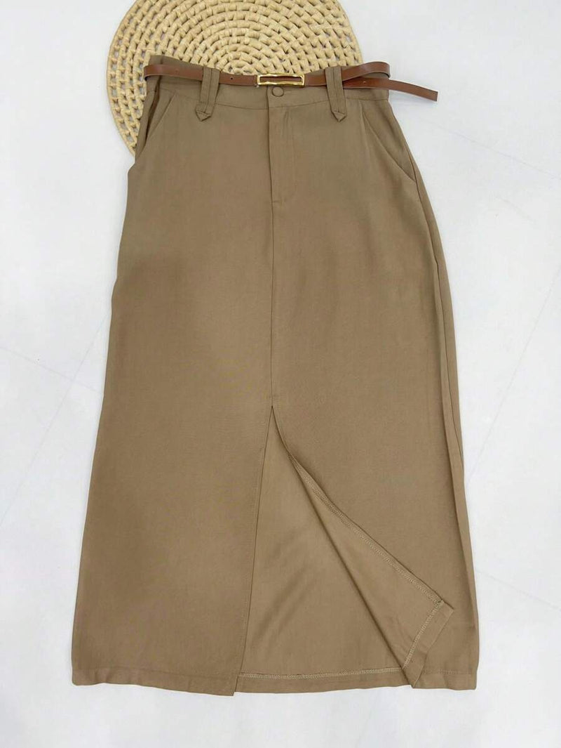 Saia Midi Feminina com Cinto e Fenda de Poliéster Casual