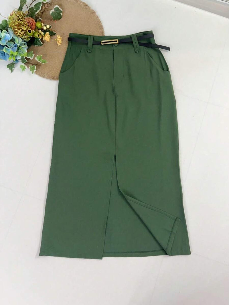 Saia Midi Feminina com Cinto e Fenda de Poliéster Casual