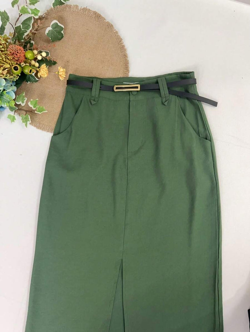 Saia Midi Feminina com Cinto e Fenda de Poliéster Casual