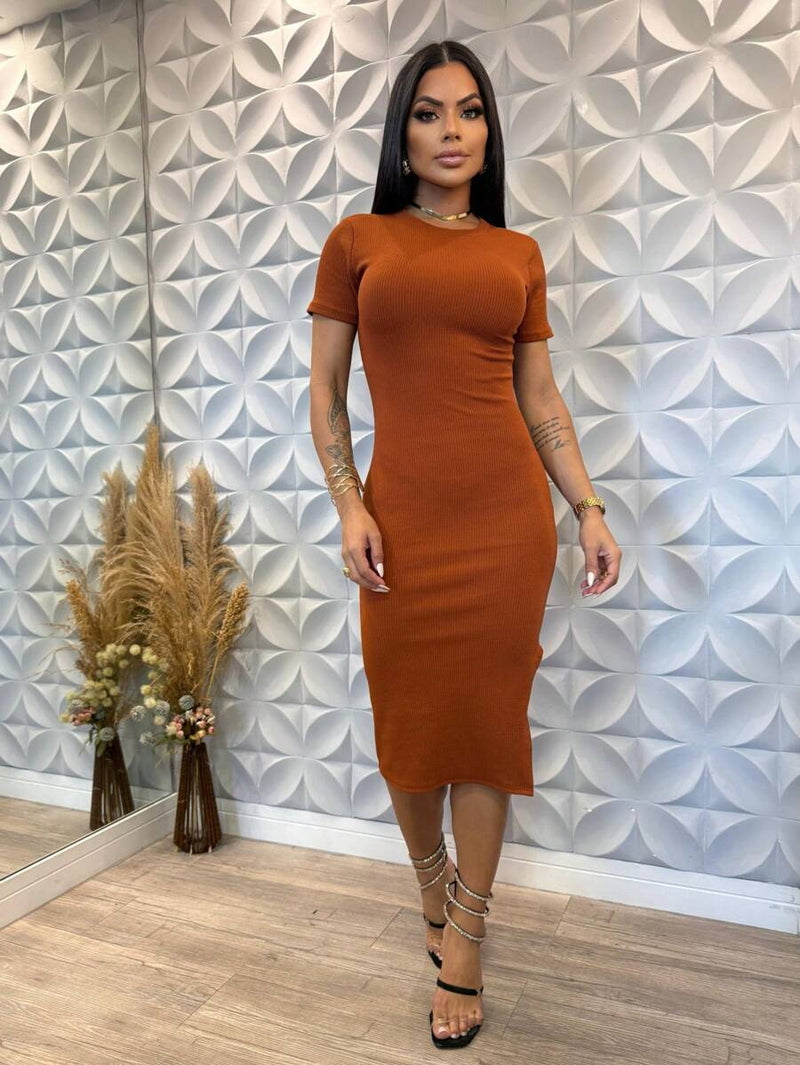 Vestido Mídi Feminino Malha Com Fenda Lateral Elegante