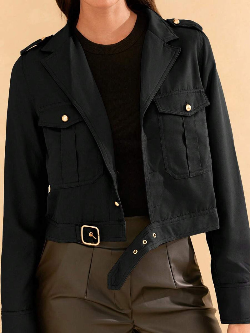 Jaqueta Feminina em Poliéster com Bolso e Fivela Casual Bellizzi 