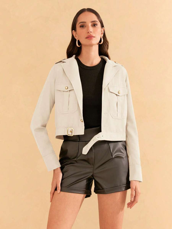 Jaqueta Feminina em Poliéster com Bolso e Fivela Casual Bellizzi 