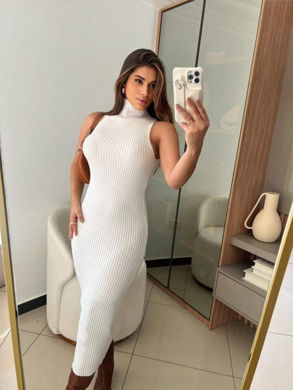 Vestido Feminino Canelado Sem Manga Modal Premium Casual Bellizzi 