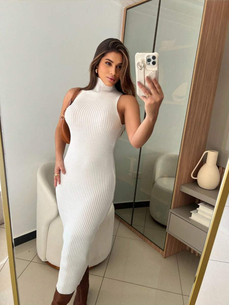 Vestido Feminino Canelado Sem Manga Modal Premium Casual Bellizzi 