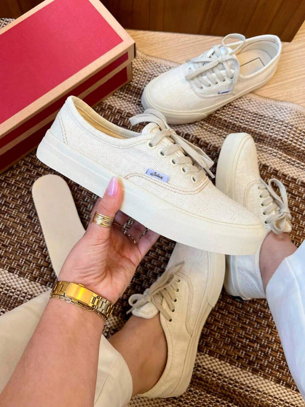 Tênis Feminino Slip On Bege Linho Casual Confortável Bellizzi 