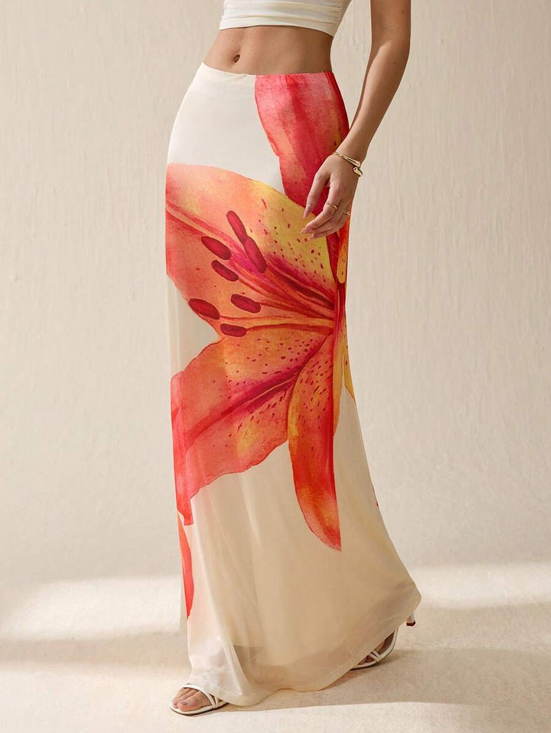 SHEIN Tall Saia de Tule com Estampa Floral e Bainha Tipo Sereia Cintura Baixa, Férias Bellizzi 