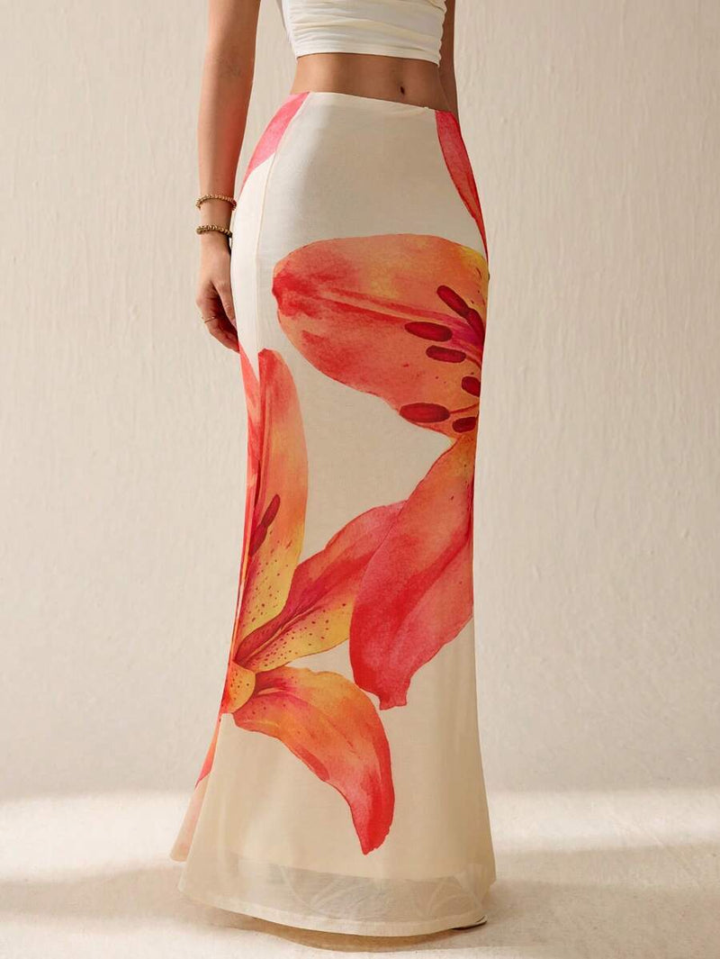 SHEIN Tall Saia de Tule com Estampa Floral e Bainha Tipo Sereia Cintura Baixa, Férias Bellizzi 