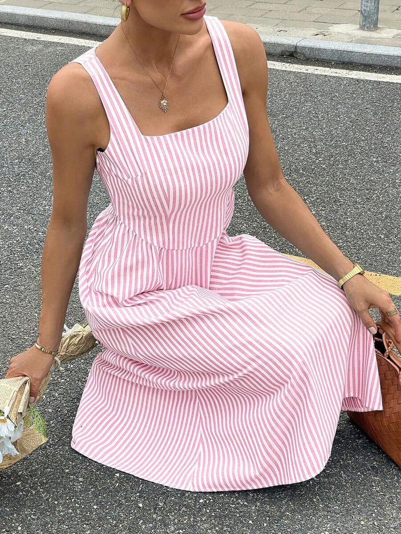 Siren Gaze Vestido de Verão Midi com Gola Quadrada, Sem Mangas e Estampa Listrada para Mulheres Bellizzi 