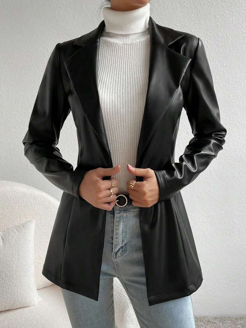 Blazer Feminino Couro Sintético Botão Frontal Elegante
