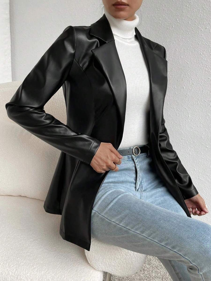 Blazer Feminino Couro Sintético Botão Frontal Elegante