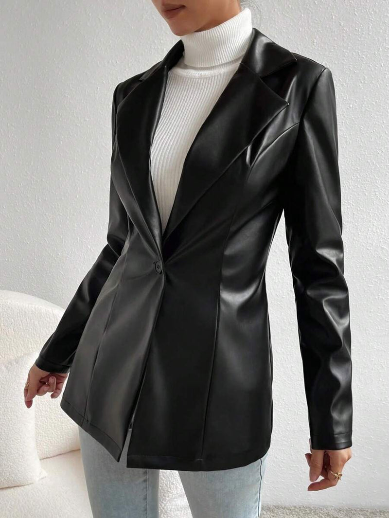 Blazer Feminino Couro Sintético Botão Frontal Elegante