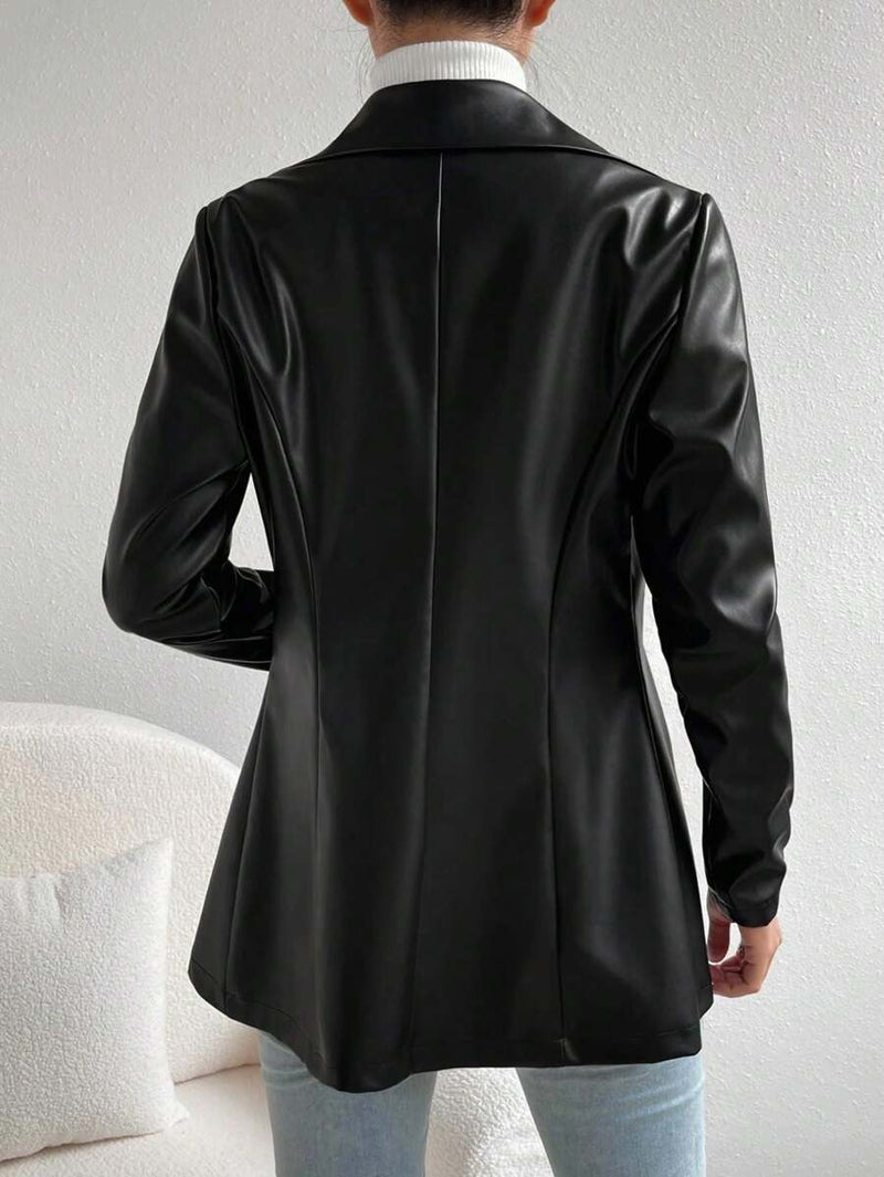 Blazer Feminino Couro Sintético Botão Frontal Elegante