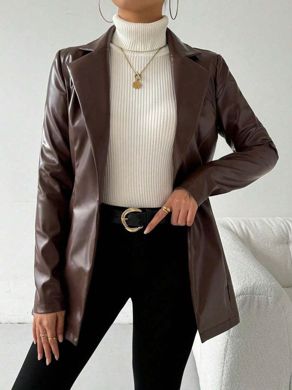 Blazer Feminino Couro Sintético Botão Frontal Elegante