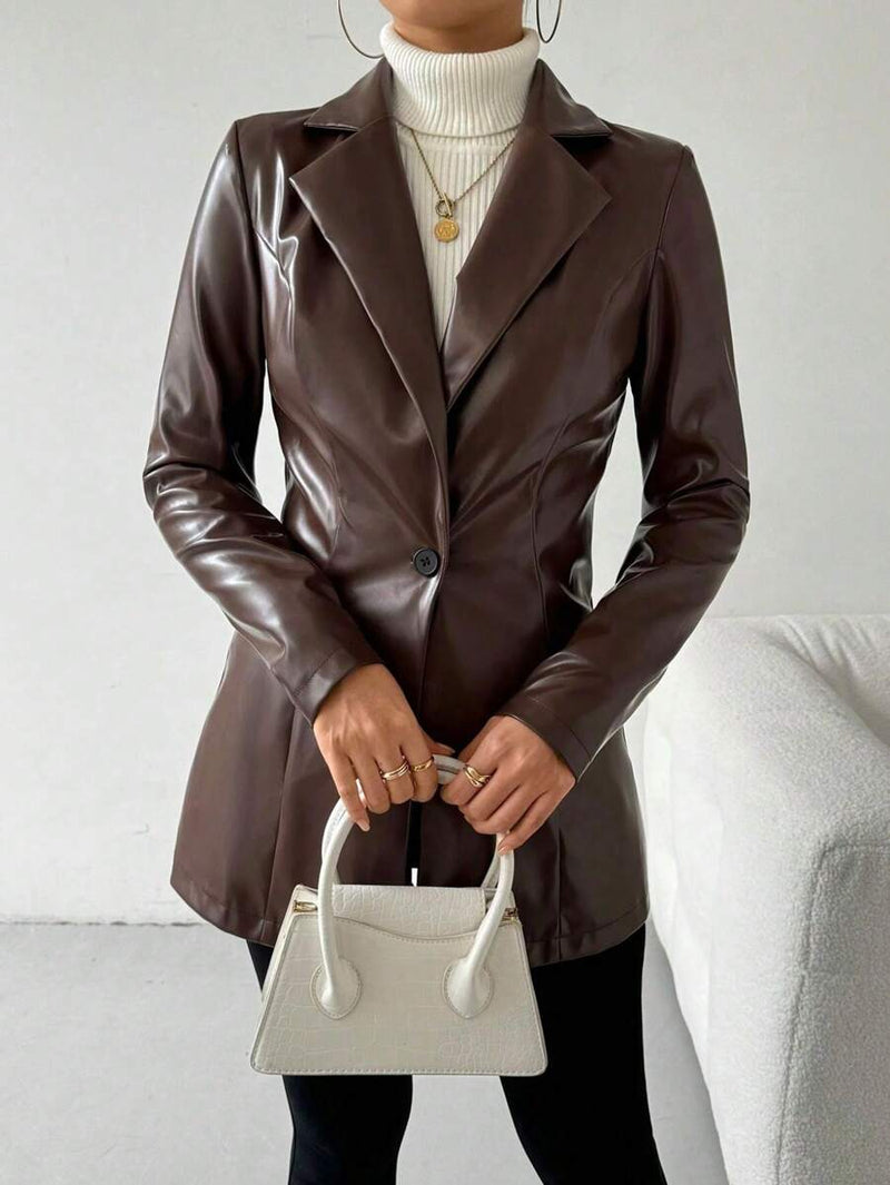 Blazer Feminino Couro Sintético Botão Frontal Elegante