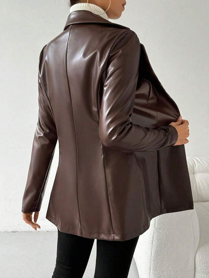 Blazer Feminino Couro Sintético Botão Frontal Elegante