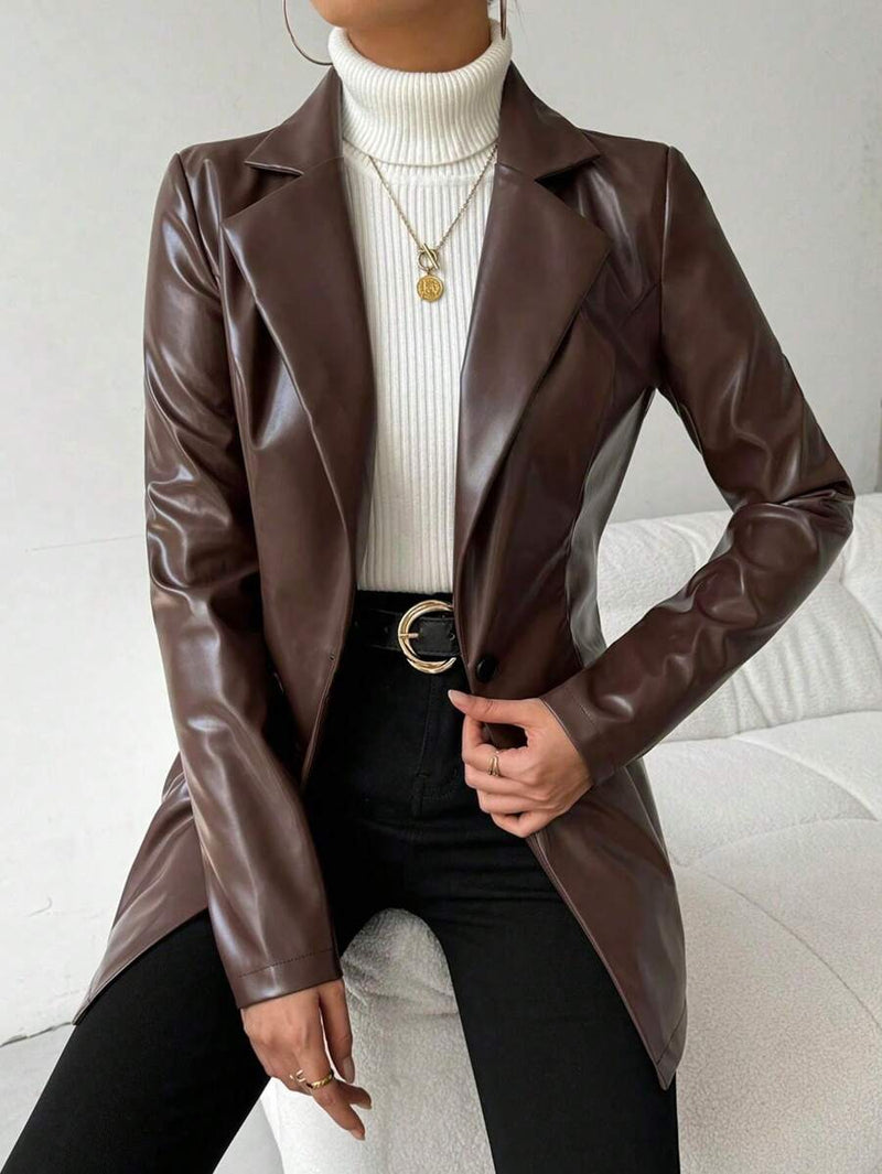 Blazer Feminino Couro Sintético Botão Frontal Elegante