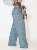 Calça Wide Leg Pantalona Feminina Jeans Lisa Cintura Alta Casual Bellizzi 