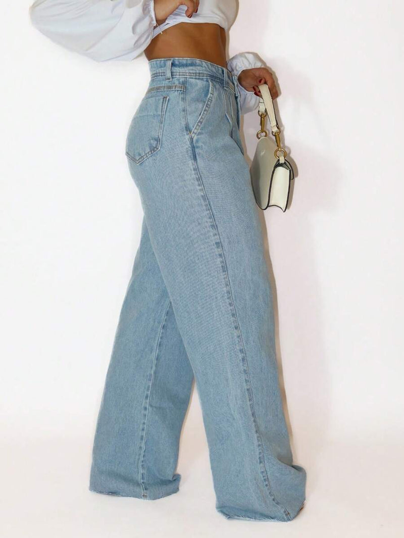 Calça Wide Leg Pantalona Feminina Jeans Lisa Cintura Alta Casual Bellizzi 