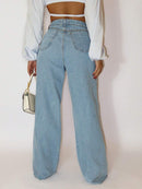 Calça Wide Leg Pantalona Feminina Jeans Lisa Cintura Alta Casual Bellizzi 