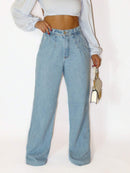 Calça Wide Leg Pantalona Feminina Jeans Lisa Cintura Alta Casual Bellizzi 