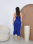 Vestido Feminino Justo com Detalhes em Branco.  Midi, Justo ao Corpo, com uma Pequena Fenda na Bainha Traseira. e Detalhe de  Branco que Acentua o Busto Elegante, Bellizzi 