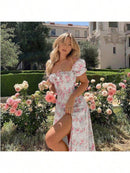 Vestido estampado floral feminino com decote quadrado Vestidos franceses com bainha dividida Elegante e sexy Bellizzi 