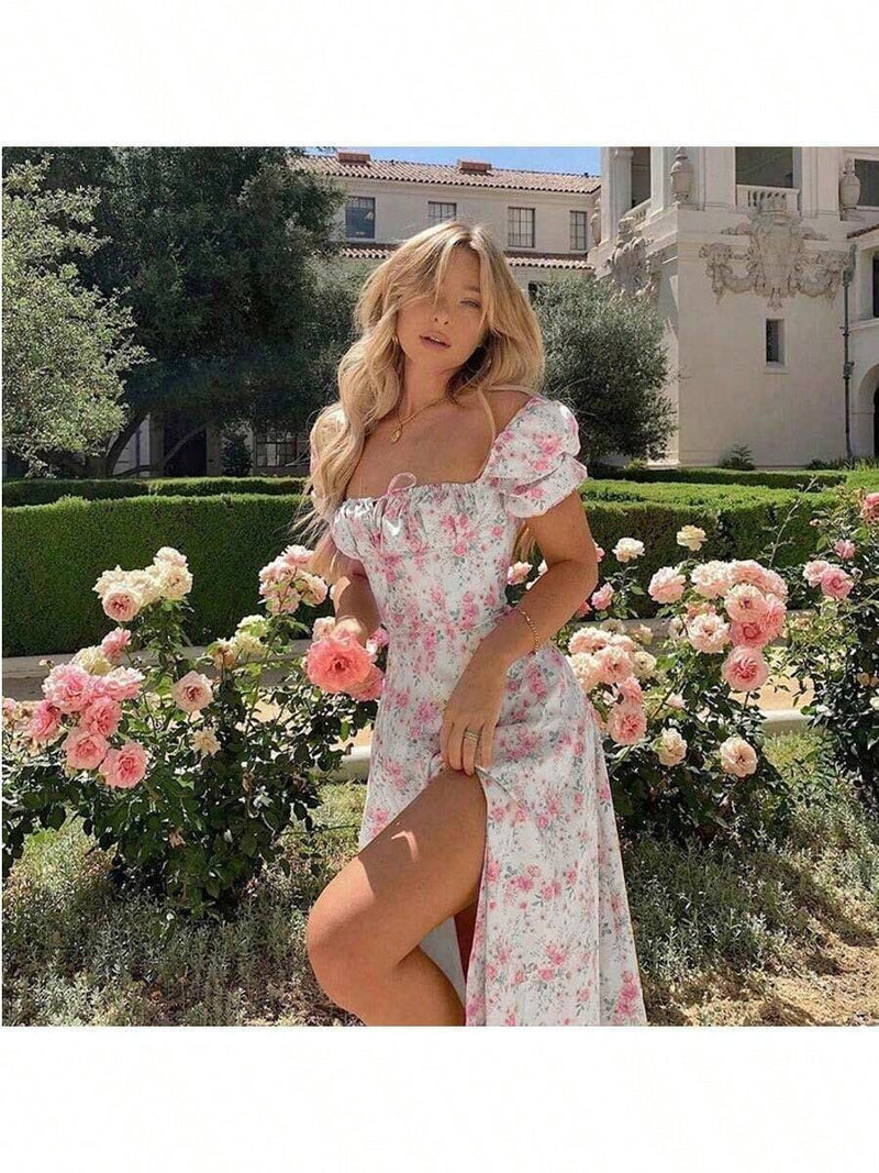 Vestido estampado floral feminino com decote quadrado Vestidos franceses com bainha dividida Elegante e sexy Bellizzi 